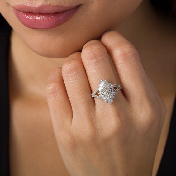 Previously Owned - 1.00 CT. T.W. Composite Diamond Marquise Sunburst Frame Ring in 10K White Gold