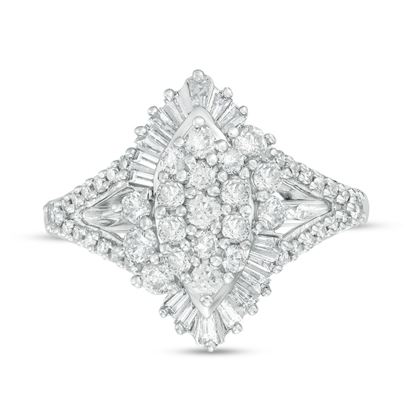 Main Image 4 of Previously Owned - 1.00 CT. T.W. Composite Diamond Marquise Sunburst Frame Ring in 10K White Gold