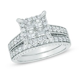 Previously Owned - 1.50 CT. T.W. Quad Princess-Cut Diamond Frame Bridal Set in 14K White Gold