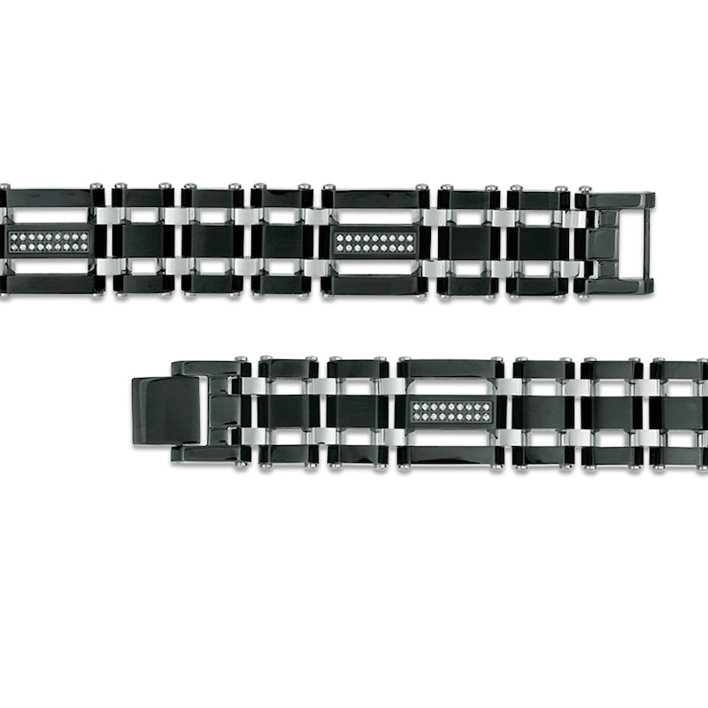 Previously Owned - 0.28 CT. T.W. Diamond Triple Row Link Bracelet in Stainless Steel and Black IP - 8.75"