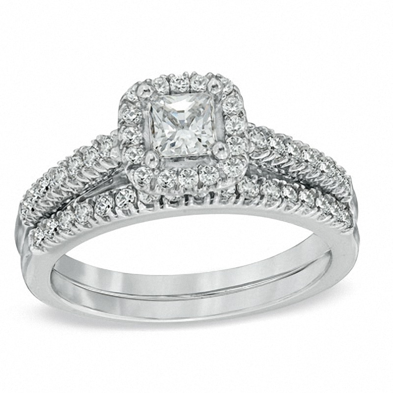 Main Image 1 of Previously Owned - 1.00 CT. T.W. Princess-Cut Diamond Frame Bridal Set in 14K White Gold
