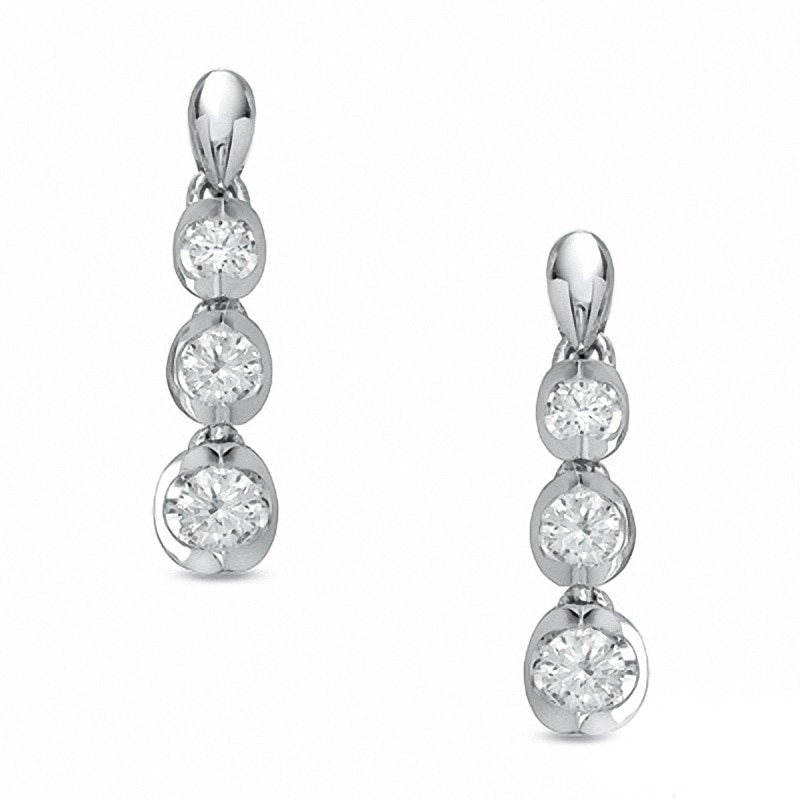 Previously Owned - 0.50 CT. T.W. Canadian Diamond Three Stone Drop Earrings in 14K White Gold|Peoples Jewellers