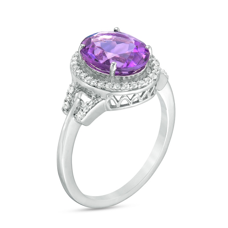 Previously Owned - Oval Amethyst and Lab-Created White Sapphire Frame Buckle Ring in Sterling Silver