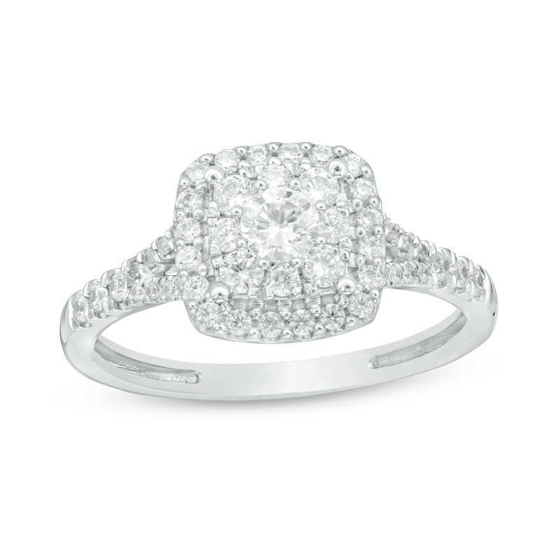 Previously Owned - 0.60 CT. T.W. Diamond Double Cushion Frame Engagement Ring in 14K White Gold (I/I2)