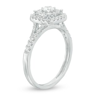 Previously Owned - 0.60 CT. T.W. Diamond Double Cushion Frame Engagement Ring in 14K White Gold (I/I2)