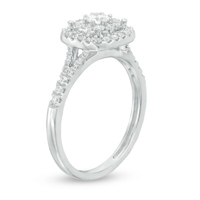 Previously Owned - 0.60 CT. T.W. Diamond Double Cushion Frame Engagement Ring in 14K White Gold (I/I2)