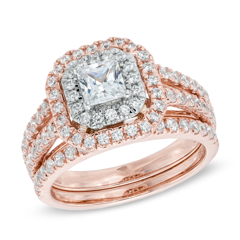 Previously Owned - 1.50 CT. T.W. Princess-Cut Diamond Double Frame Bridal Set in 14K Two-Tone Gold|Peoples Jewellers