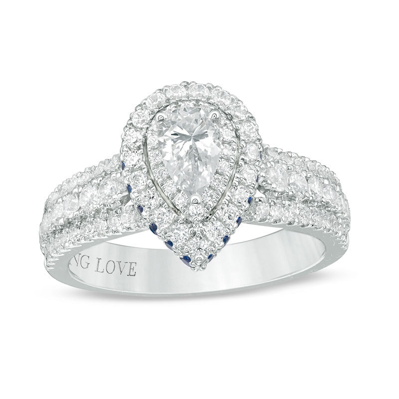 Previously Owned - Vera Wang Love Collection 0.95 CT. T.W. Pear-Shaped Diamond and Sapphire Ring in 14K White Gold