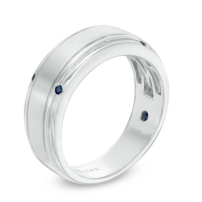 Main Image 2 of Previously Owned - Vera Wang Love Collection Men's Blue Sapphire Four Stone Wedding Band in 14K White Gold