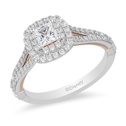 Previously Owned - Enchanted Disney Belle 0.75 CT. T.W. Princess-Cut Diamond Double Frame Rose Ring in 14K Two-Tone Gold