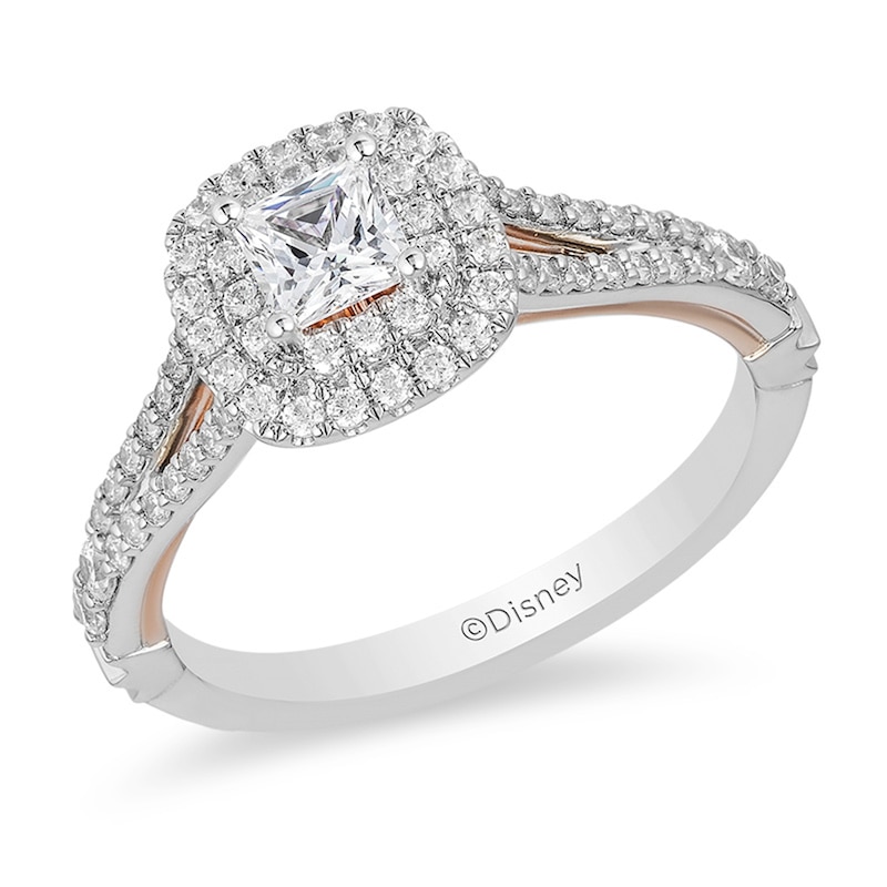 Previously Owned - Enchanted Disney Belle 0.75 CT. T.W. Princess-Cut Diamond Double Frame Rose Ring in 14K Two-Tone Gold
