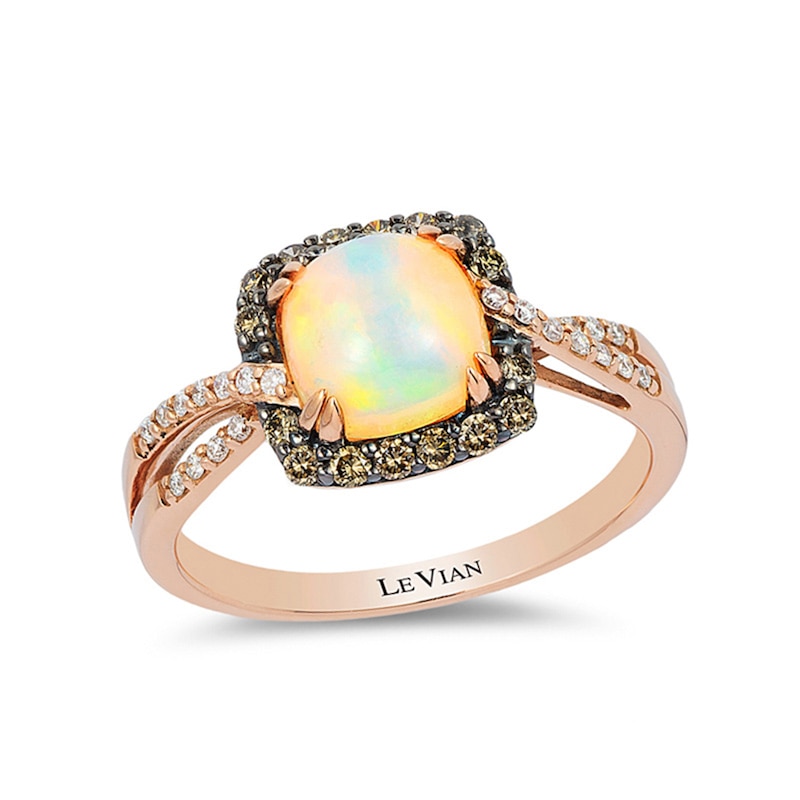 Previously Owned - Le Vian® Neopolitan Opal™ and 0.28 CT. T.W. Diamond Frame Split Shank Ring in 14K Strawberry Gold™