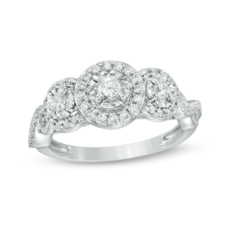 Previously Owned - 0.50 CT. T.W. Diamond Past Present Future® Frame Twist Engagement Ring in 10K White Gold