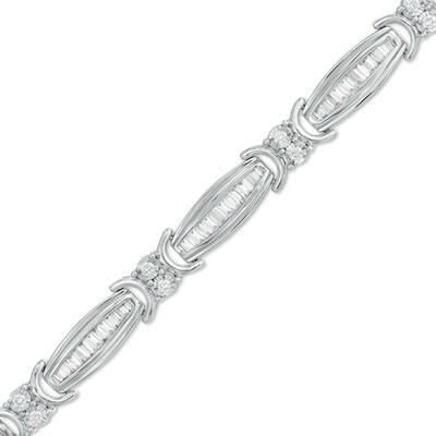 Previously Owned - 2.00 CT. T.W. Baguette and Round Diamond Link Bracelet in 10K White Gold - 7.5"