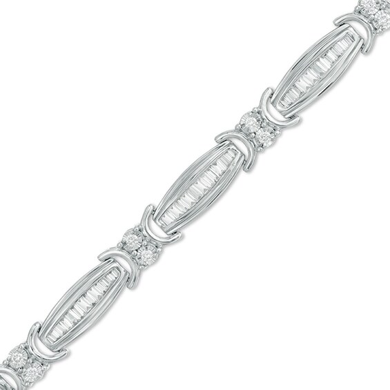 Previously Owned - 2.00 CT. T.W. Baguette and Round Diamond Link Bracelet in 10K White Gold - 7.5"