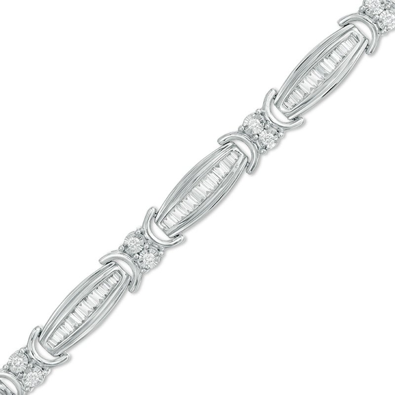 Previously Owned - 2.00 CT. T.W. Baguette and Round Diamond Link Bracelet in 10K White Gold - 7.5"