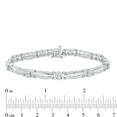 Previously Owned - 2.00 CT. T.W. Baguette and Round Diamond Link Bracelet in 10K White Gold - 7.5"