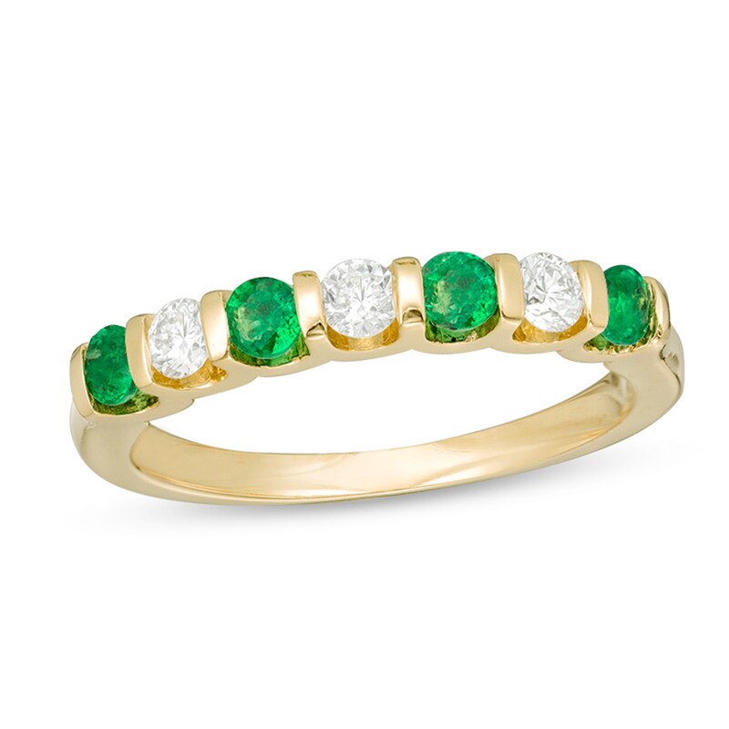 Previously Owned - EFFY™ Collection Emerald and 0.23 CT. T.W. Diamond Alternating Stackable Ring in 14K Gold