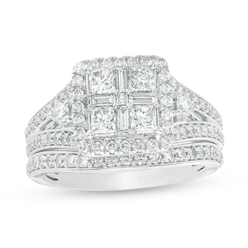 Previously Owned - 1.50 CT. T.W. Quad Princess-Cut Diamond Frame Vintage-Style Bridal Set in 14K White Gold