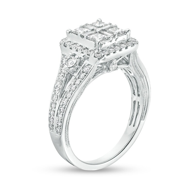 Previously Owned - 1.50 CT. T.W. Quad Princess-Cut Diamond Frame Vintage-Style Bridal Set in 14K White Gold