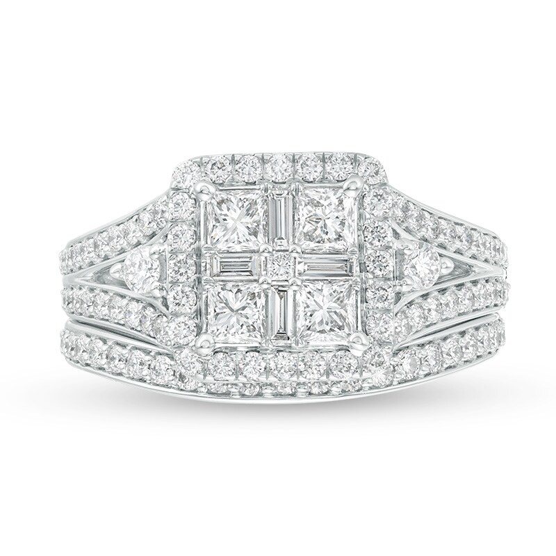 Previously Owned - 1.50 CT. T.W. Quad Princess-Cut Diamond Frame Vintage-Style Bridal Set in 14K White Gold