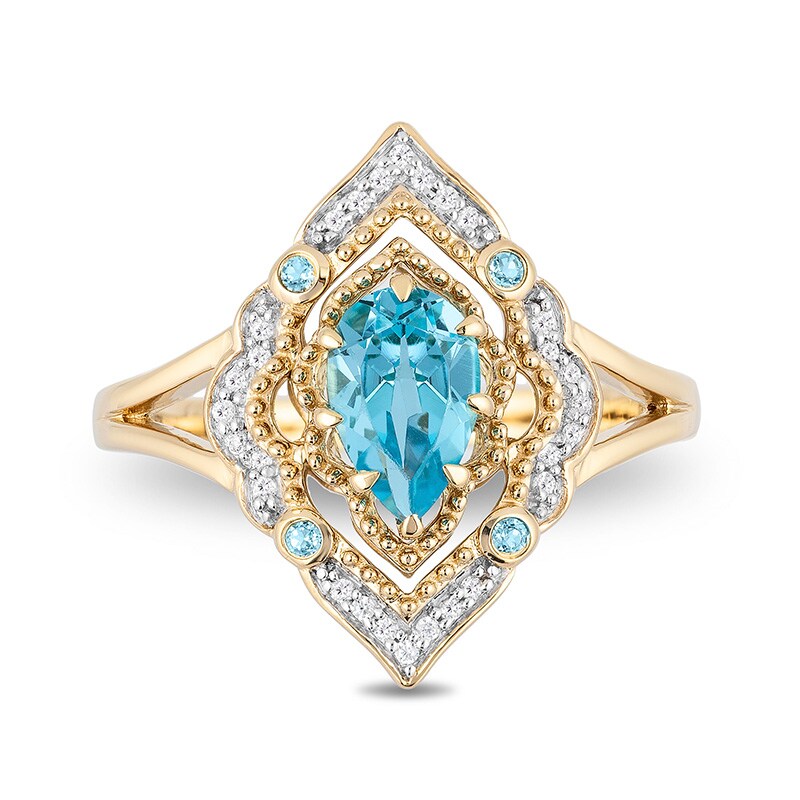 Previously Owned - Enchanted Disney Aladdin Swiss Blue Topaz and 0.089 CT. T.W. Diamond Arabesque Frame Ring in 10K Gold