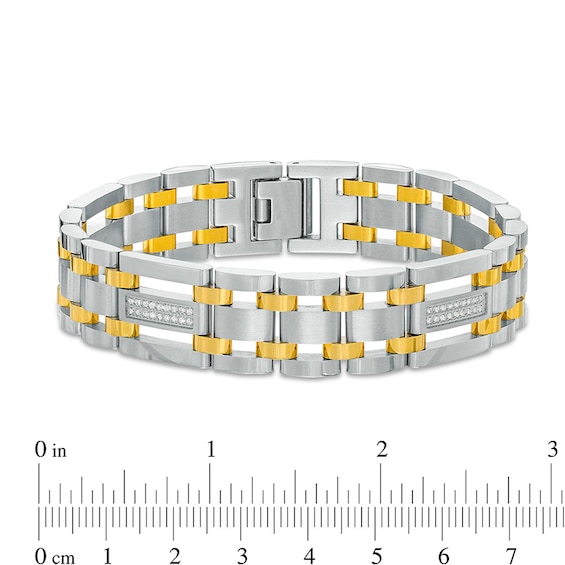 Previously Owned - Men's 0.27 CT. T.W. Diamond Triple Row Link Bracelet in Stainless Steel and Yellow IP - 8.75"