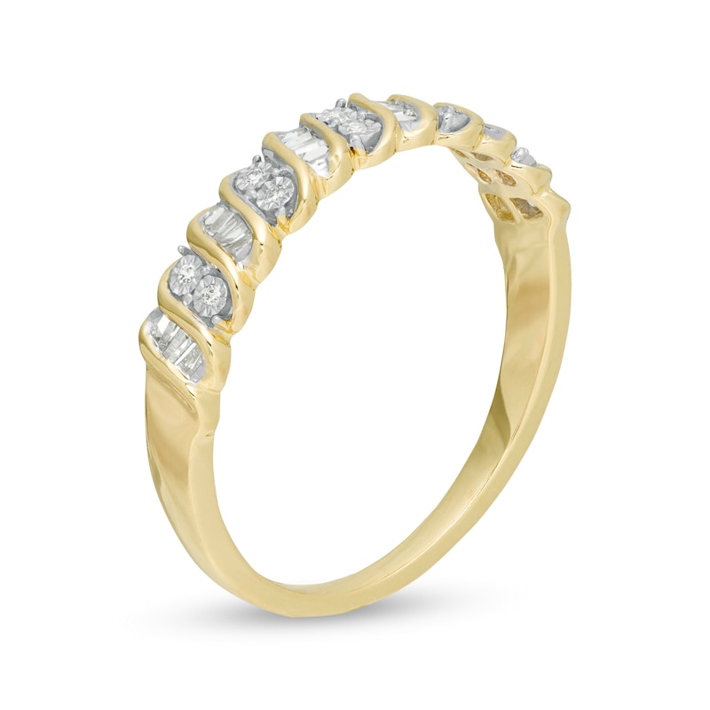 Main Image 3 of Previously Owned - 0.12 CT. T.W. Baguette and Round Diamond Stackable Spiral Anniversary Band in 10K Gold