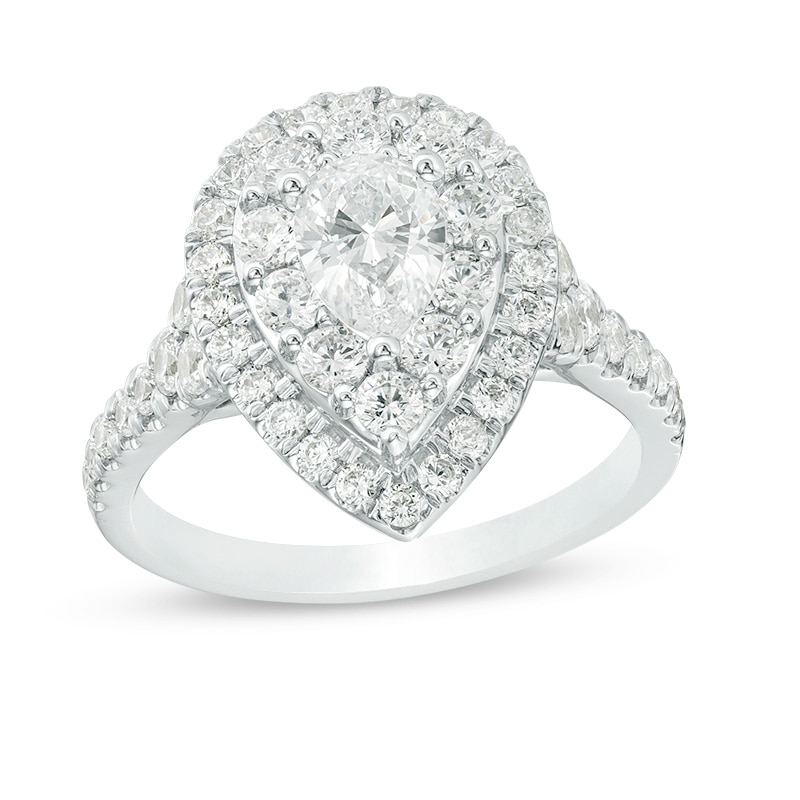 Previously Owned - 1.75 CT. T.W. Pear-Shaped Diamond Double Frame Bridal Set in 14K White Gold (I/I1)