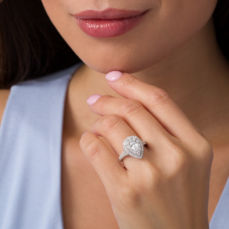 Main Image 2 of Previously Owned - 1.75 CT. T.W. Pear-Shaped Diamond Double Frame Bridal Set in 14K White Gold (I/I1)