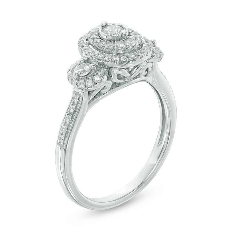 Previously Owned - 0.45 CT. T.W. Diamond Past Present Future® Oval Double Frame Engagement Ring in 10K White Gold