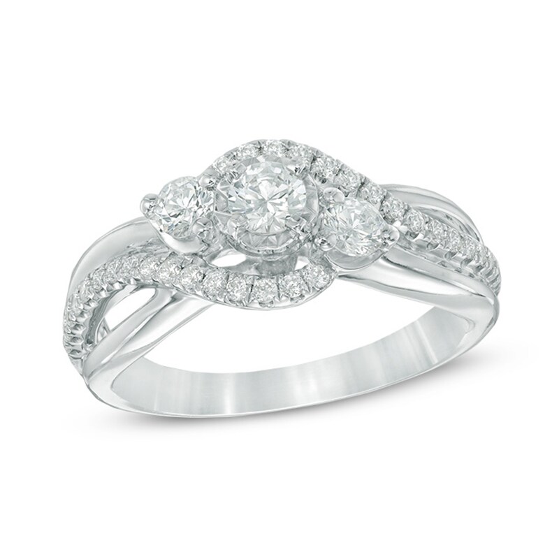 Previously Owned - 0.63 CT. T.W. Diamond Past Present Future® Swirl Engagement Ring in 10K White Gold