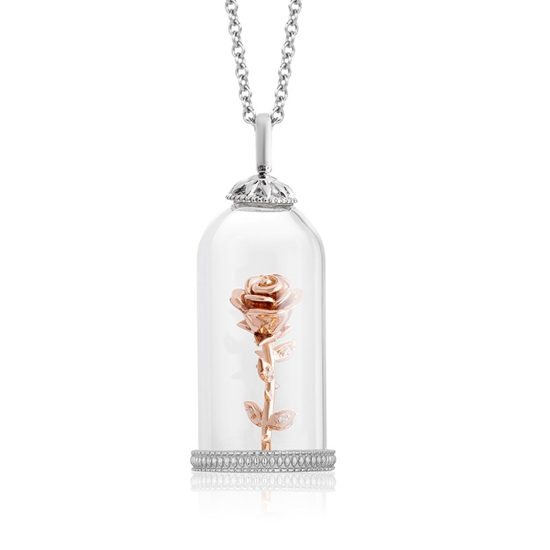 Previously Owned - Enchanted Disney Belle Diamond Rose in Glass Dome Pendant in Sterling Silver and 10K Rose Gold - 24"|Peoples Jewellers