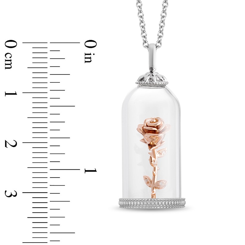 Previously Owned - Enchanted Disney Belle Diamond Rose in Glass Dome Pendant in Sterling Silver and 10K Rose Gold - 24"
