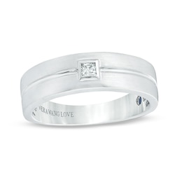 Previously Owned - Vera Wang Love Collection Men’s 0.07 CT. Square Diamond Solitaire Wedding Band in 14K White Gold