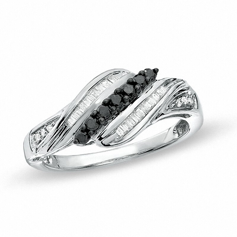 Main Image 1 of Previously Owned - 0.25 CT. T.W. Baguette Enhanced Black and White Diamond Fashion Ring in Sterling Silver