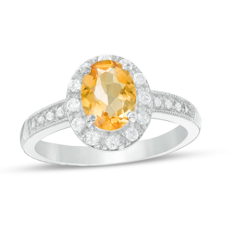 Previously Owned - Oval Citrine and Lab-Created White Sapphire Frame Vintage-Style Ring in Sterling Silver