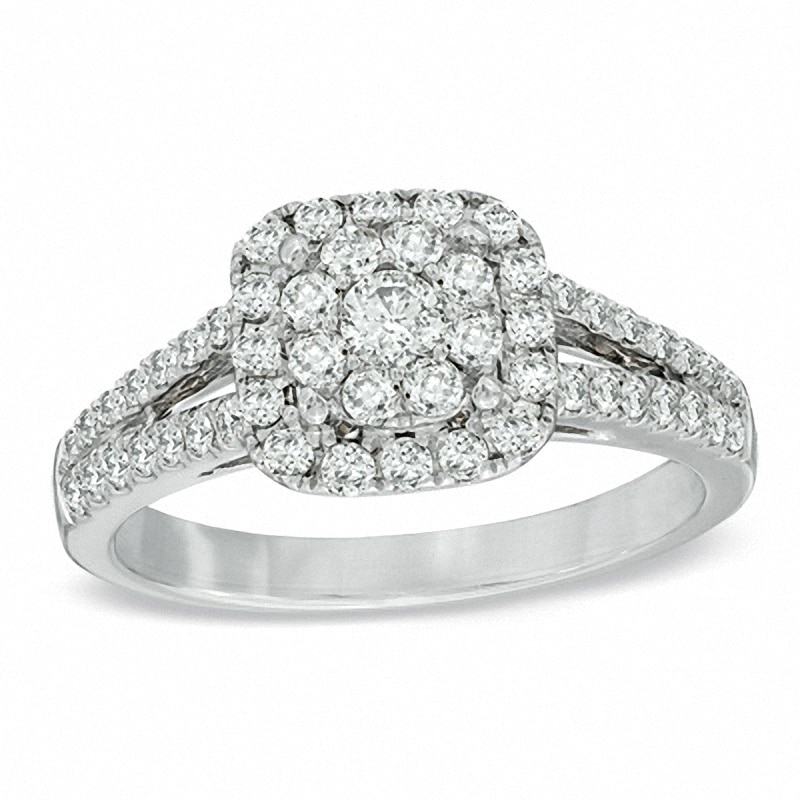 Main Image 1 of Previously Owned - 0.70 CT. T.W. Diamond Cluster Split Shank Engagement Ring in 14K White Gold