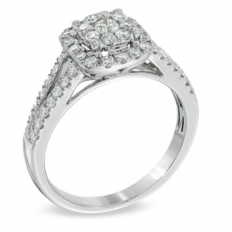 Previously Owned - 0.70 CT. T.W. Diamond Cluster Split Shank Engagement Ring in 14K White Gold
