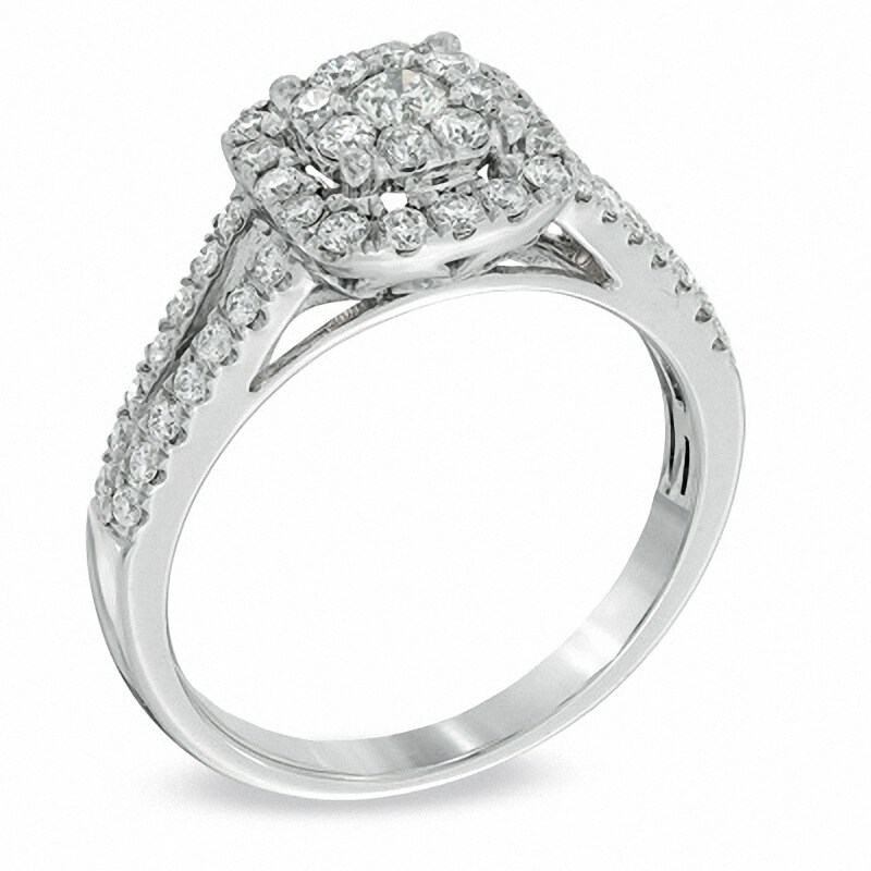Main Image 2 of Previously Owned - 0.70 CT. T.W. Diamond Cluster Split Shank Engagement Ring in 14K White Gold