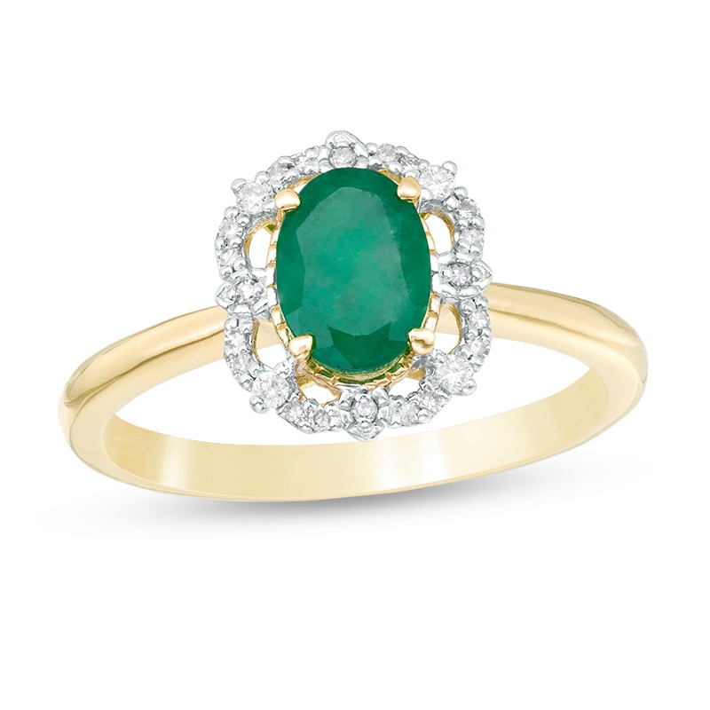 Previously Owned - Oval Emerald and 0.085 CT. T.W. Diamond Frame Vintage-Style Ring in 10K Gold