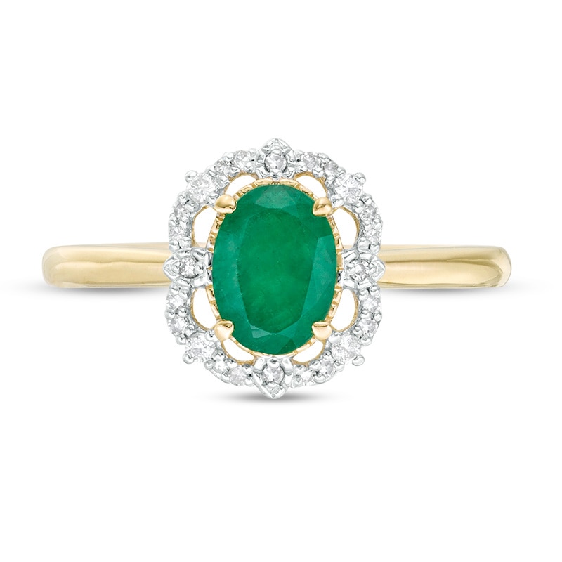 Previously Owned - Oval Emerald and 0.085 CT. T.W. Diamond Frame Vintage-Style Ring in 10K Gold