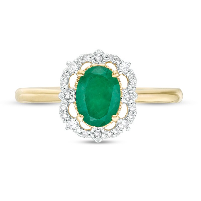Main Image 4 of Previously Owned - Oval Emerald and 0.085 CT. T.W. Diamond Frame Vintage-Style Ring in 10K Gold