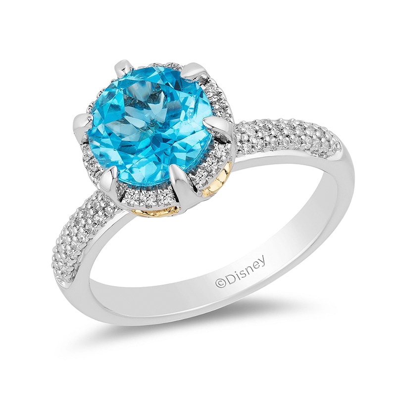 Previously Owned - Enchanted Disney Aladdin 8.0mm Swiss Blue Topaz and 0.18 CT. T.W. Diamond Ring in 10K Two-Tone Gold