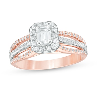 Previously Owned - 1.00 CT. T.W. Emerald-Cut Diamond Frame Engagement Ring in 14K Two-Tone Gold (I/SI2)
