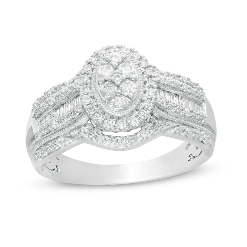 Previously Owned - 0.50 CT. T.W. Composite Diamond Oval Frame Multi-Row Vintage-Style Engagement Ring in 10K White Gold