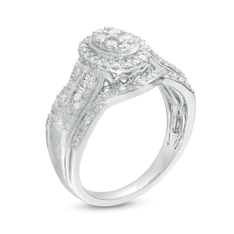 Previously Owned - 0.50 CT. T.W. Composite Diamond Oval Frame Multi-Row Vintage-Style Engagement Ring in 10K White Gold