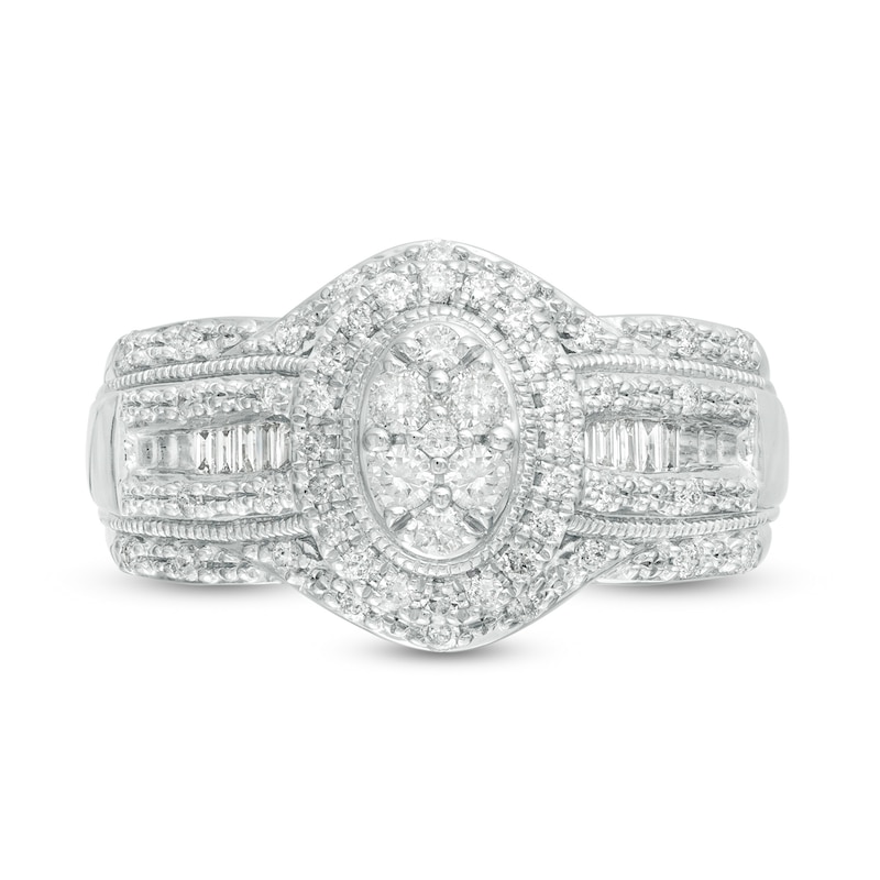 Previously Owned - 0.50 CT. T.W. Composite Diamond Oval Frame Multi-Row Vintage-Style Engagement Ring in 10K White Gold
