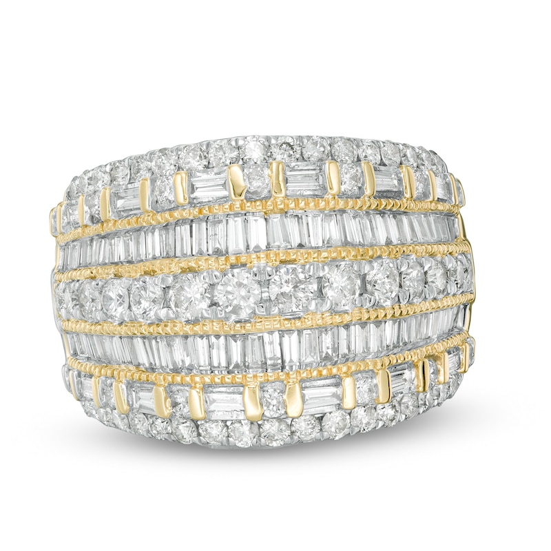 Previously Owned - 2.00 CT. T.W. Baguette and Round Diamond Multi-Row Ring in 10K Gold