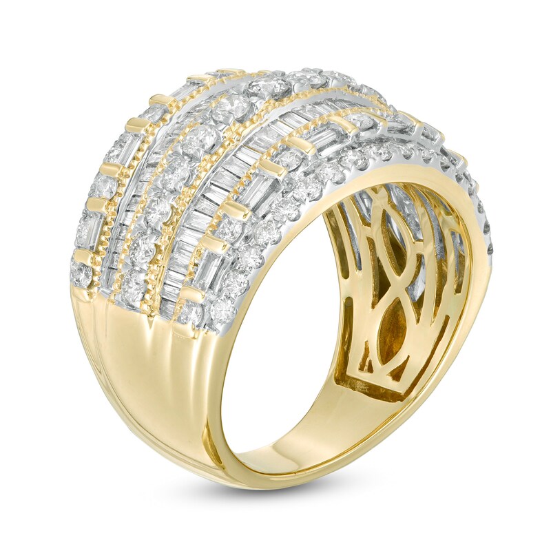 Previously Owned - 2.00 CT. T.W. Baguette and Round Diamond Multi-Row Ring in 10K Gold